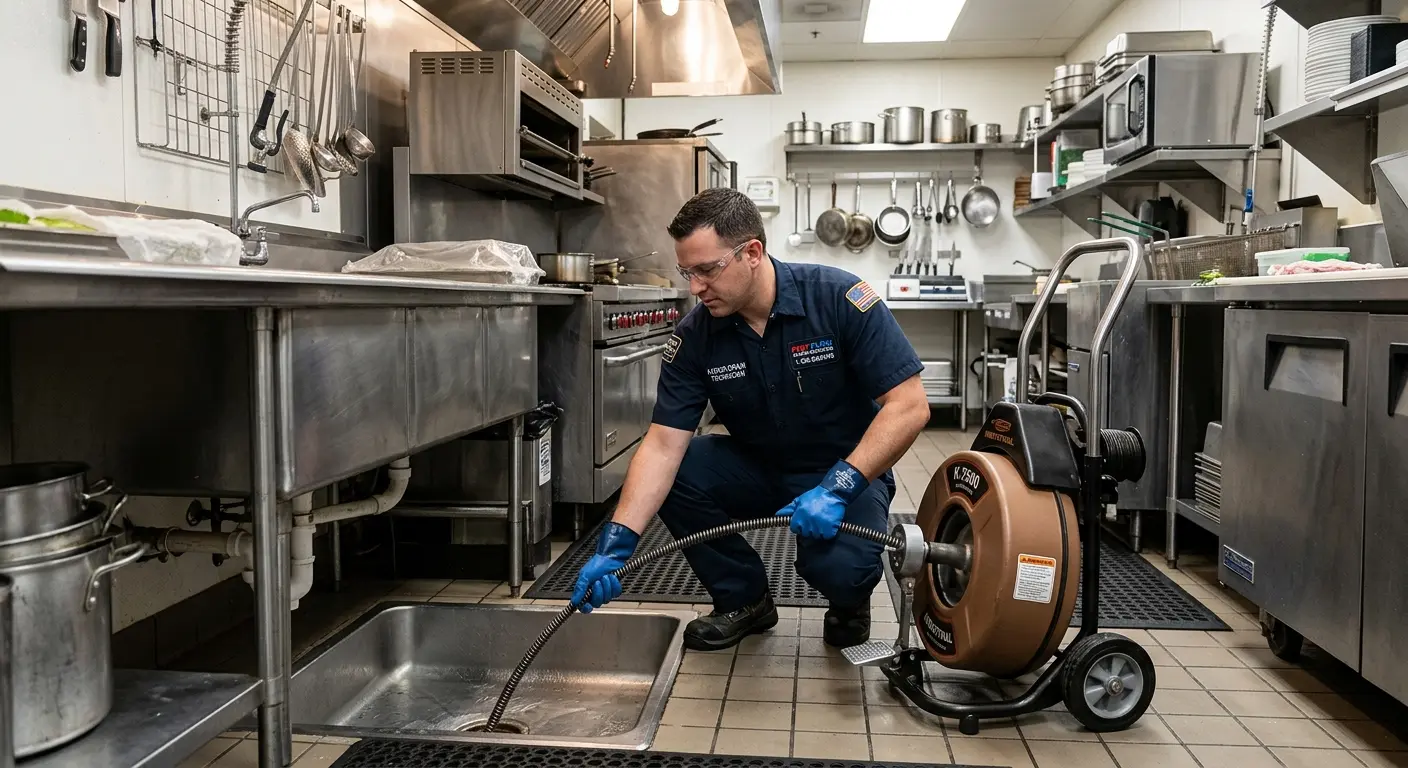 Commercial drain cleaning service in a restaurant kitchen in Kearny