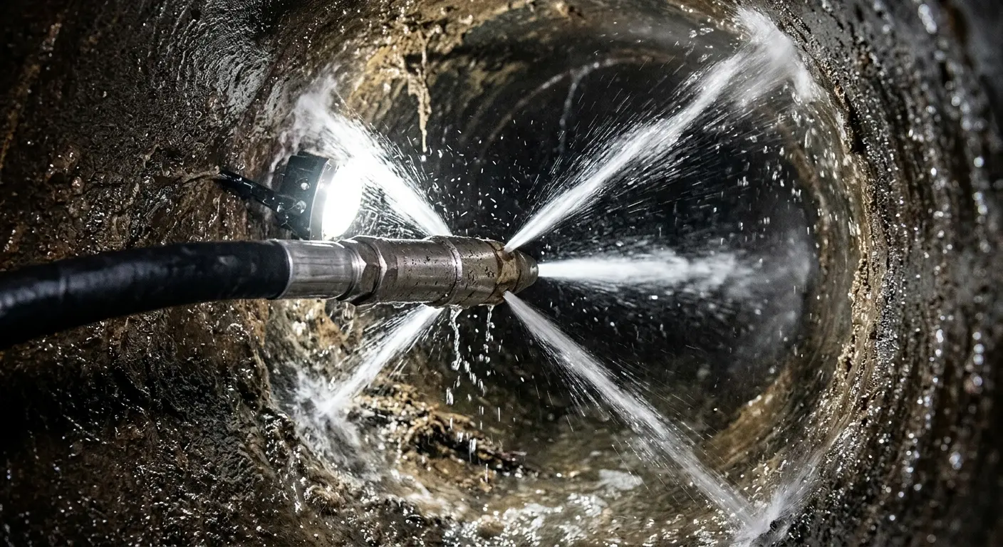 High-pressure hydro jetting nozzle cleaning sewer pipe for Emergency Drain Service in Kearny