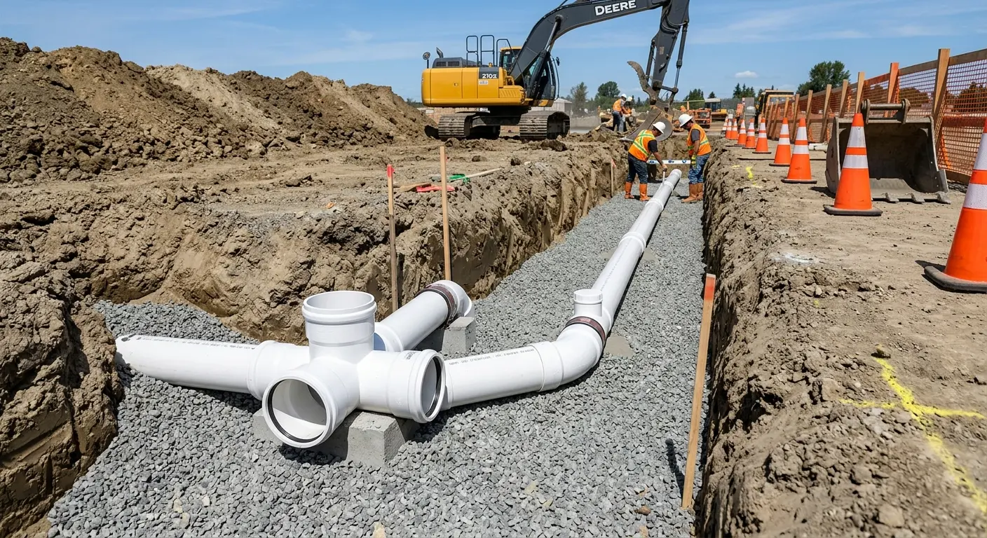 New PVC sewer pipe installation in open trench for Sewer Backup in Kearny