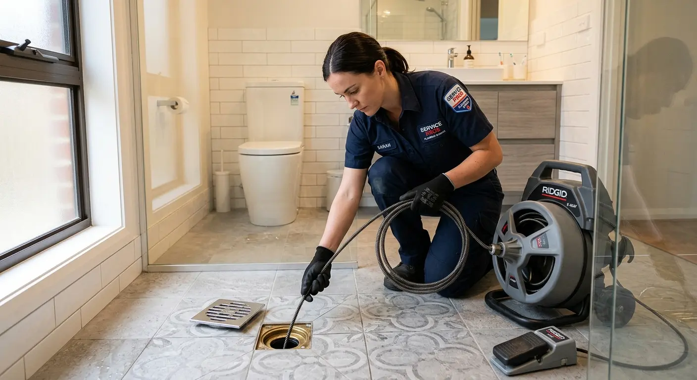 Technician clearing a bathroom floor drain for Sewer Line Installation in Kearny